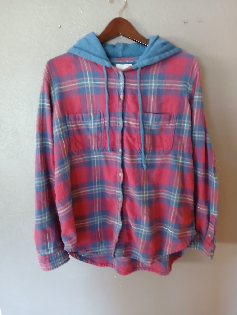 American Eagle Outfitters Distressed Plaid Hooded Button-Up Shirt with Blue Hood